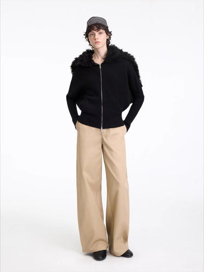 Wool-Blend Hooded Faux Fur Collar Knit Jacket