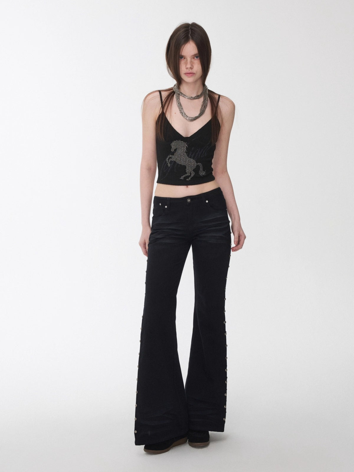 Studded Cat-Whisker Flared Denim Pants