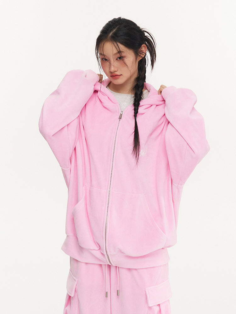 Pink Velvet Drawstring Oversized Hoodie