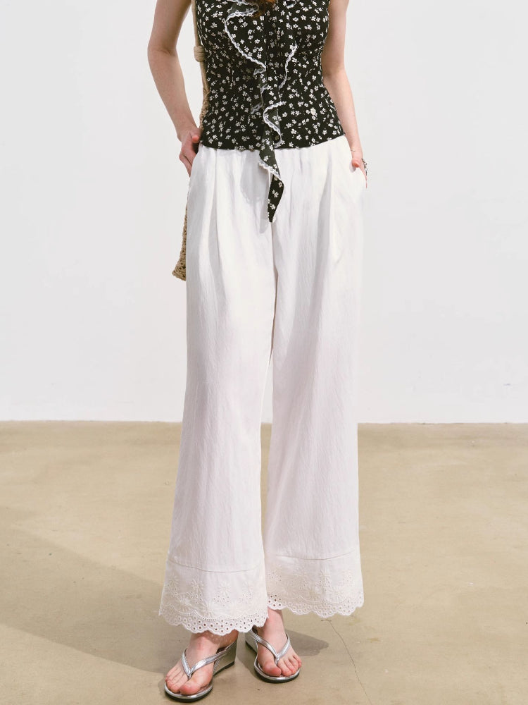 Solid-colored Breathable Lace Wide-leg Pants
