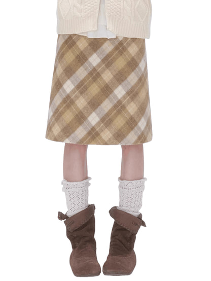 Yellow Plaid Wool-Blend Midi Skirt