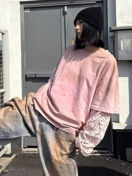Lace-Panel Spray-Dyed Cotton T-Shirt