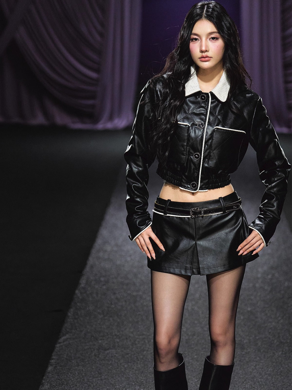 Contrast Trim Quilted Leather Jacket &amp; Skirt Set