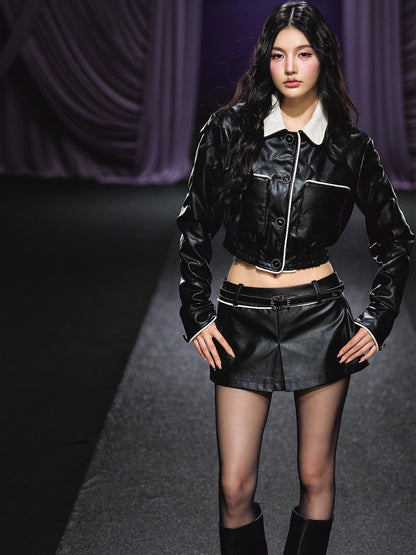 Contrast Trim Quilted Leather Jacket &amp; Skirt Set
