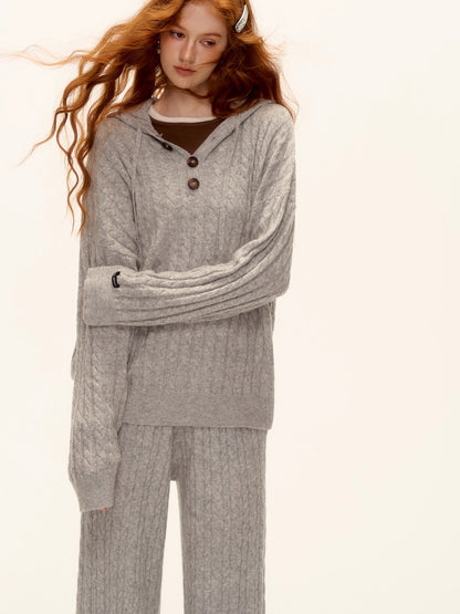 Wool Blend Cable Knit Hoodie &amp; Wide-Leg Pants Set