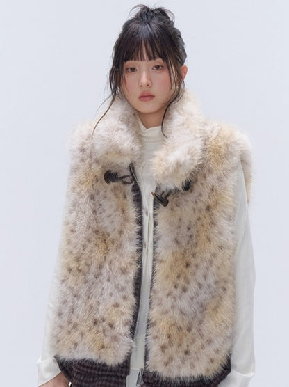 Faux Fur Leopard-Panel Lace-Trim Vest