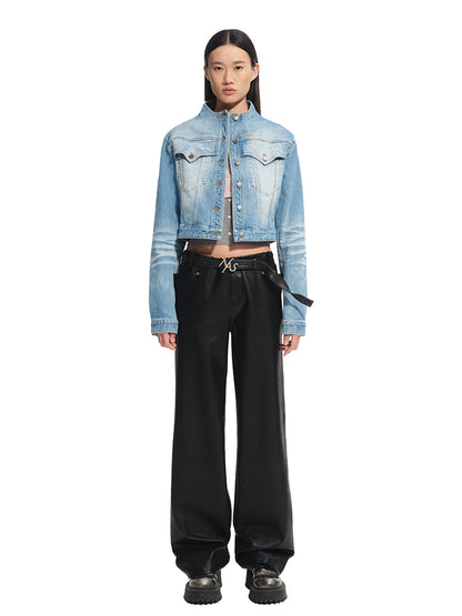 Twill Denim Cat-Whisker Stand-Collar Cropped Jacket - CHINASQUAD