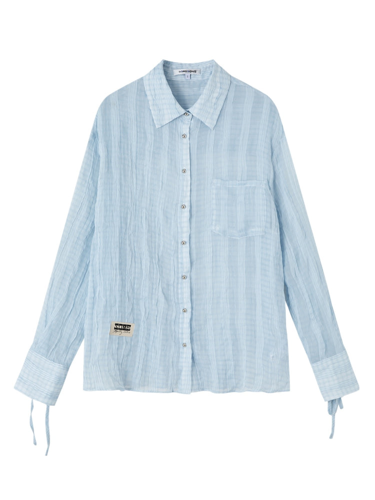 Blue Loose Fit Pleated Sheer Shirt - CHINASQUAD