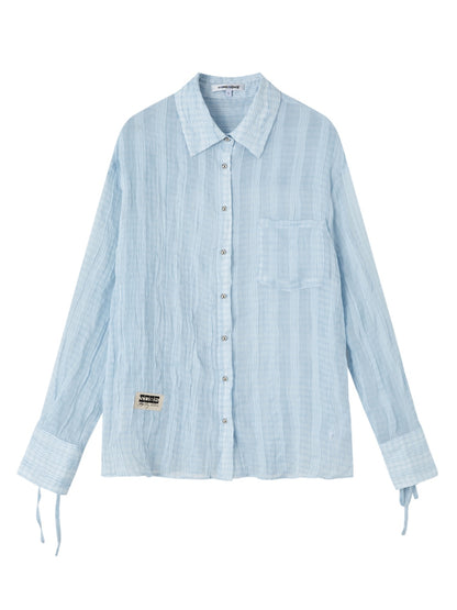 Blue Loose Fit Pleated Sheer Shirt - CHINASQUAD