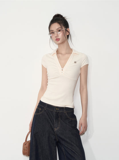 Pleated Checkered Polo V-Neck T-shirt