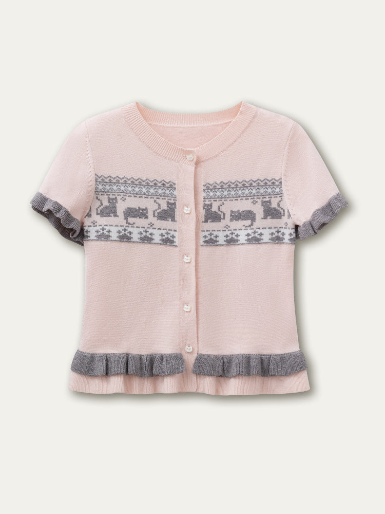 Pink Gray Kitten Knitted Short-Sleeve Top