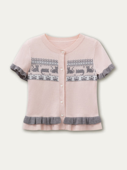 Pink Gray Kitten Knitted Short-Sleeve Top