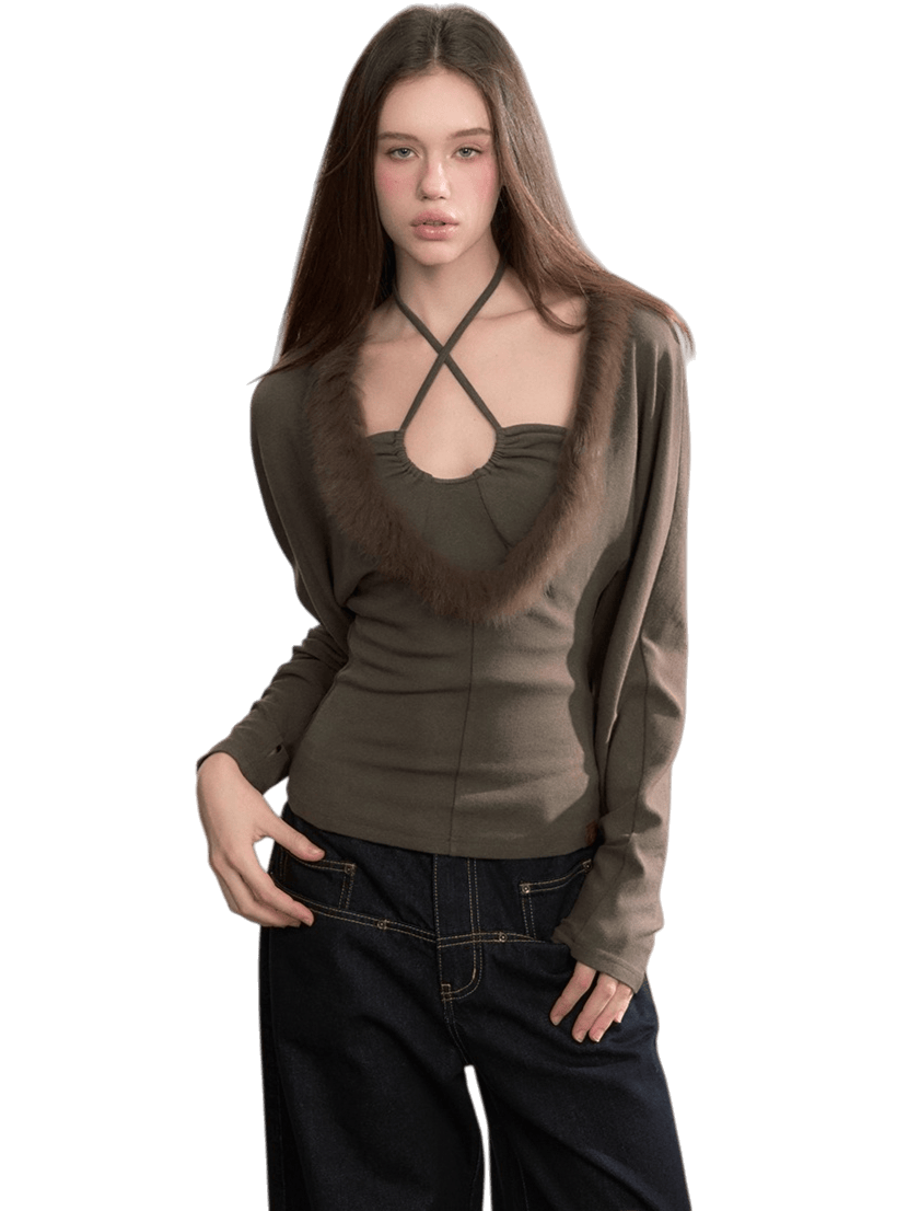 Fox Fur Panel Layered Knit V-neck