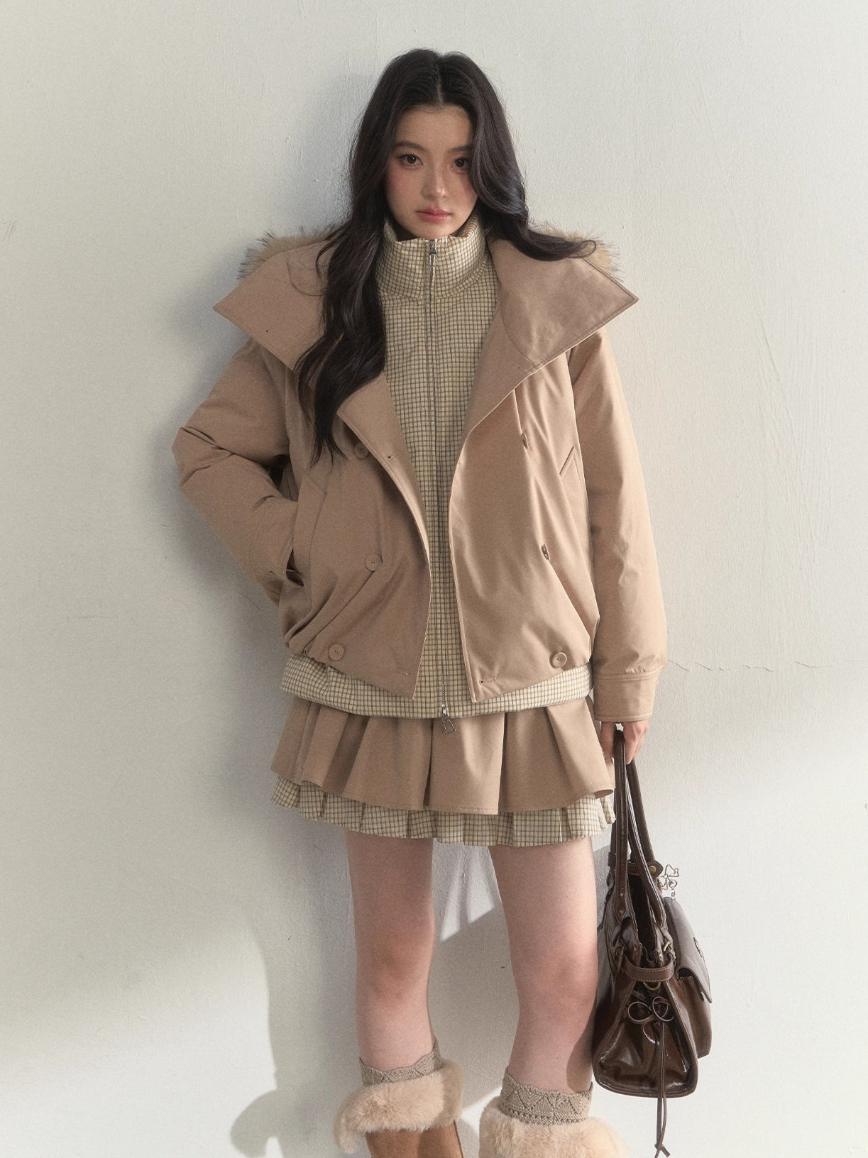 Khaki &amp; Pink Double-Breasted Layered Down Jacket