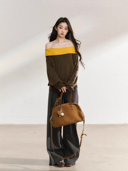 Two-Tone Asymmetric Off-Shoulder Knit Sweater