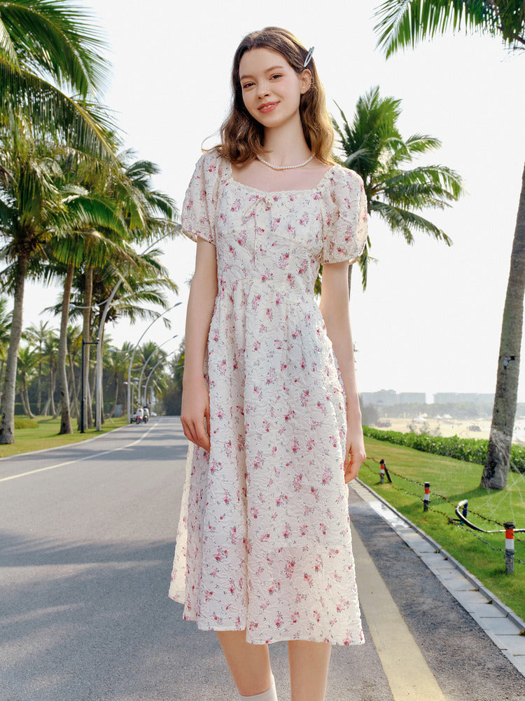 Off-white Square-neck Floral Puff Sleeve Dress