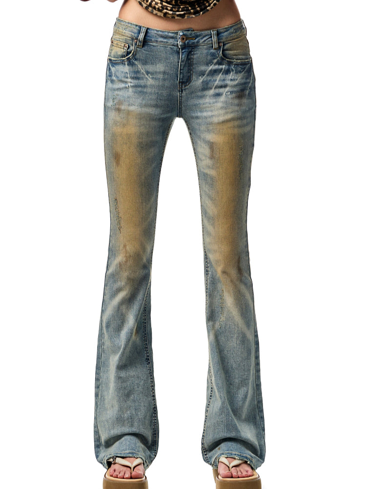 Washed Skinny Low-Rise Denim Flared Pants