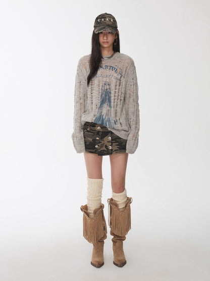 Icelandic Animal Pattern Open-Knit Sweater