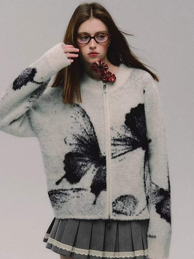 Double-Zip Jacquard Knit Cardigan