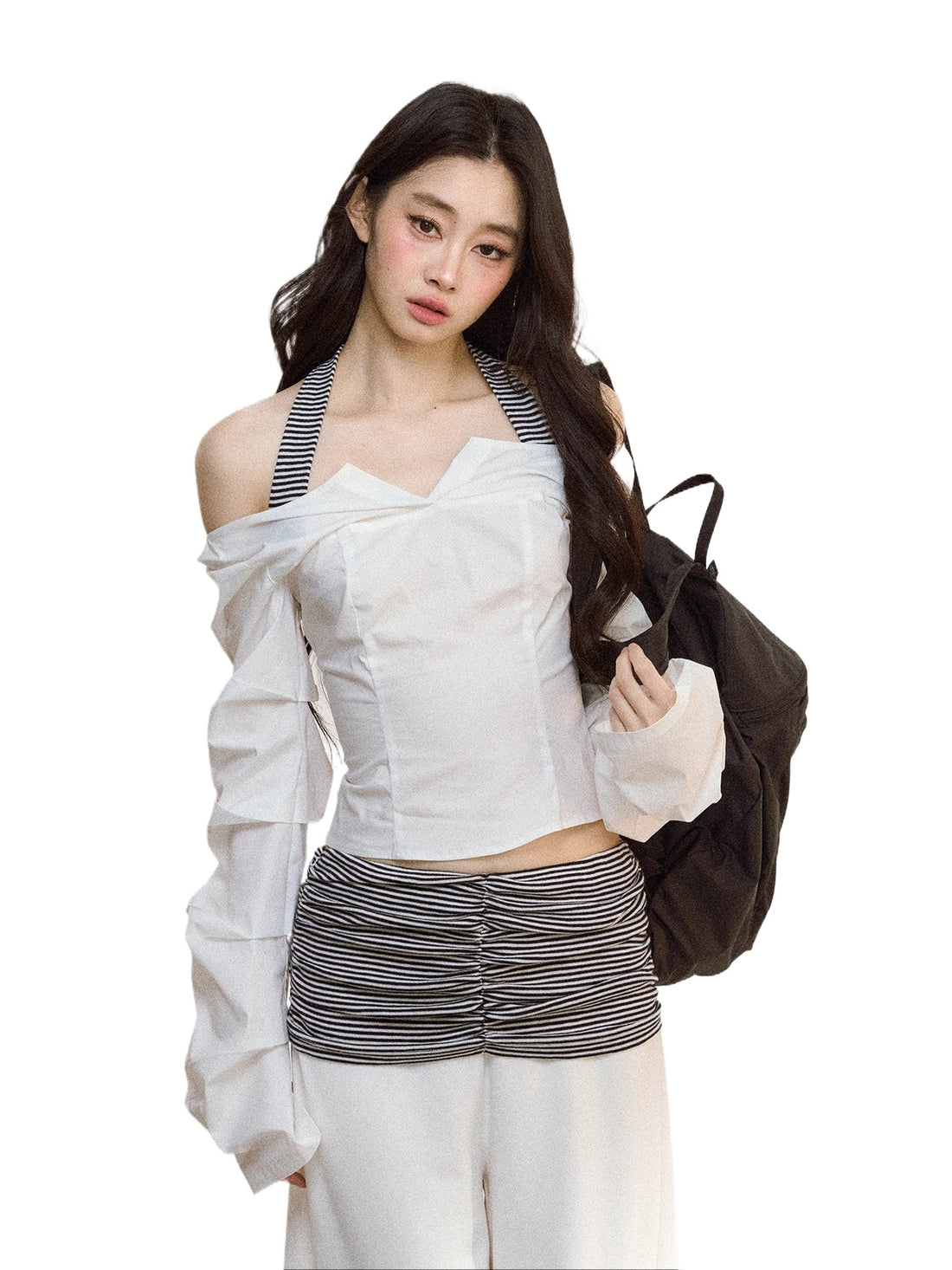 White V-Neck Off-Shoulder Cropped Blouse