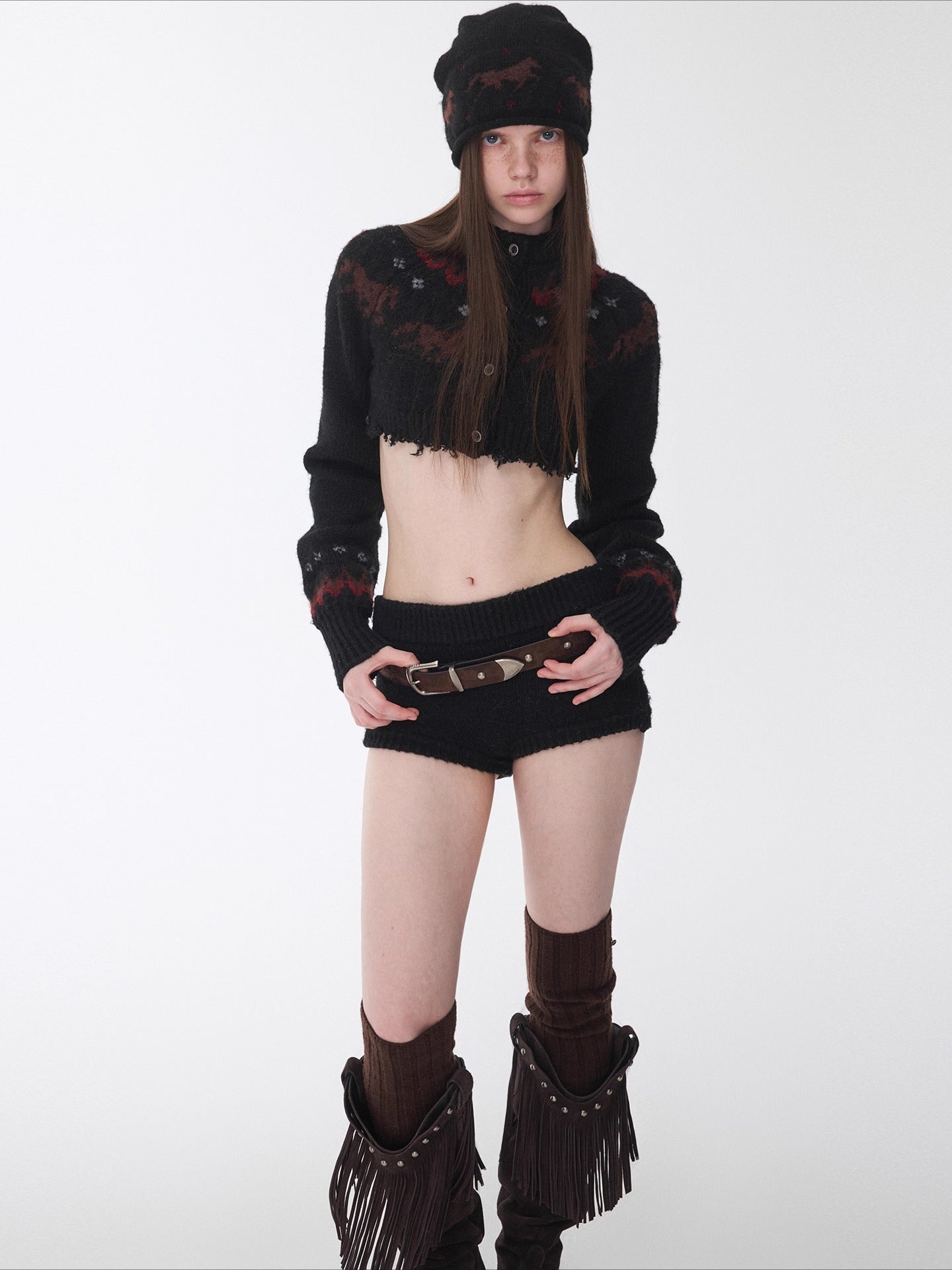 Fair Isle Pony Jacquard Knit Short Cardigan &amp; Shorts Set