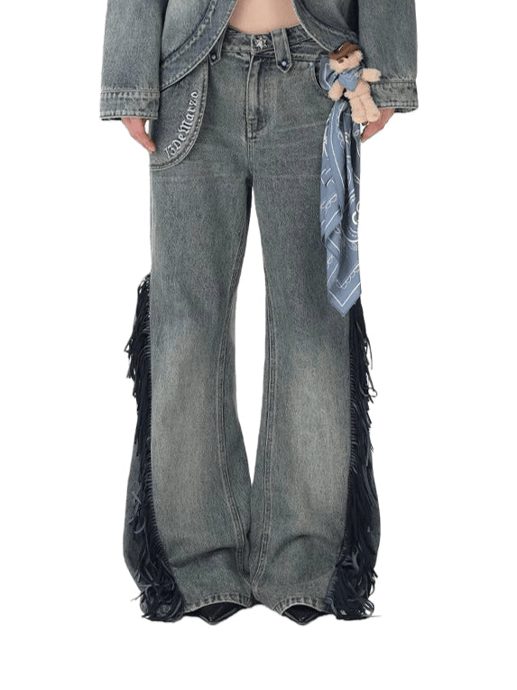 Fringe Relaxed Flare Denim Pants
