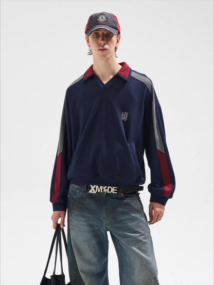 Contrast Panel Embroidered Polo Sweatshirt