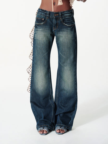 Distressed Washed Contrast Low-Waist Jeans