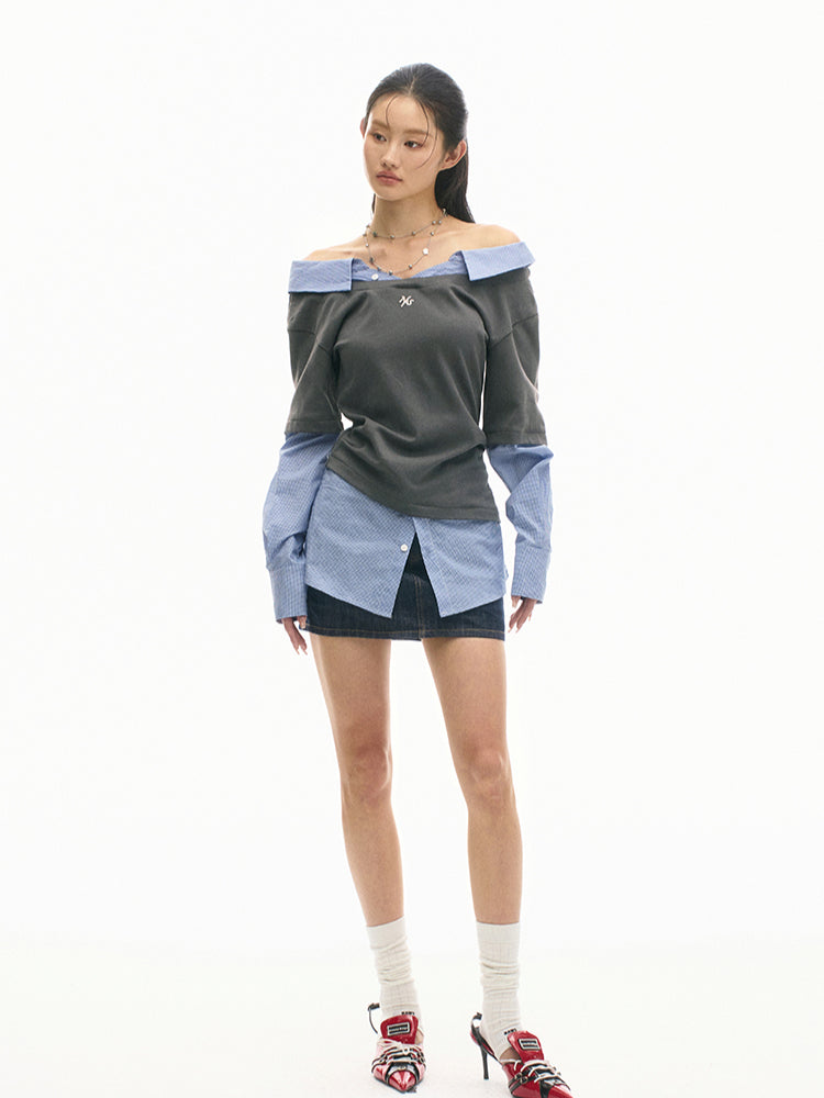 Off-shoulder Slimming Shirt Patchwork T-shirt