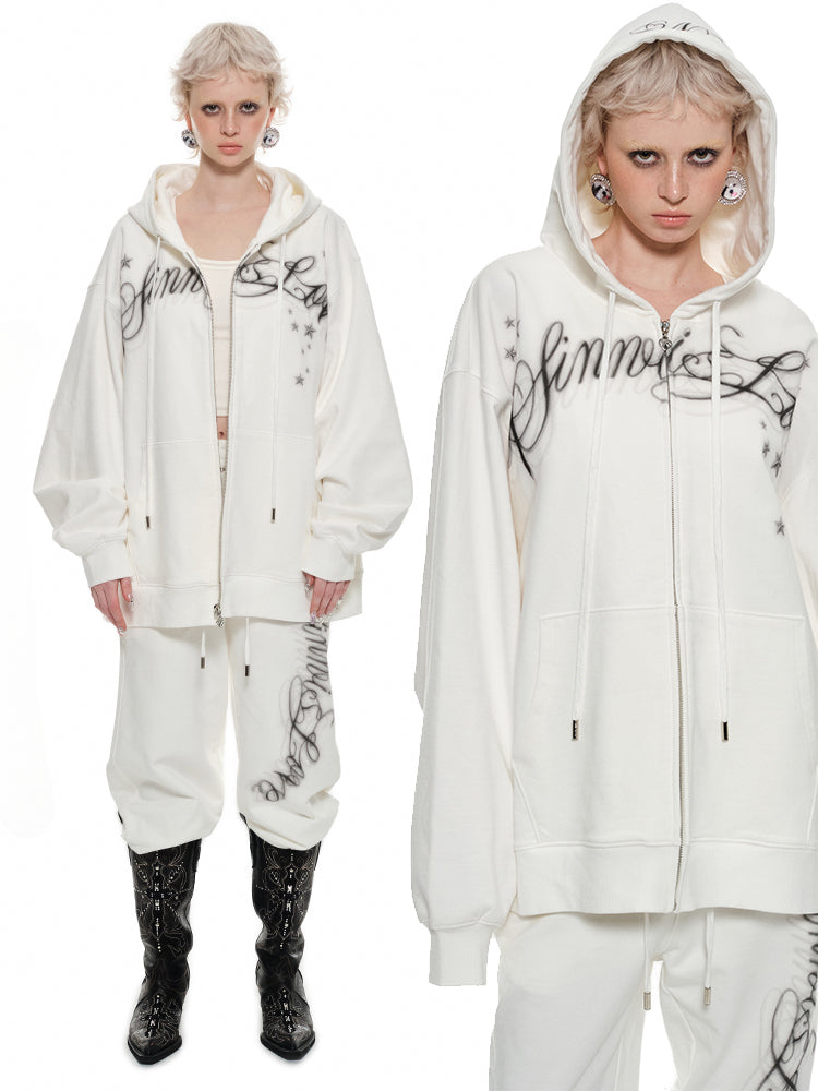 Spray-painted Letter Print Loose Zip-up Hoodie