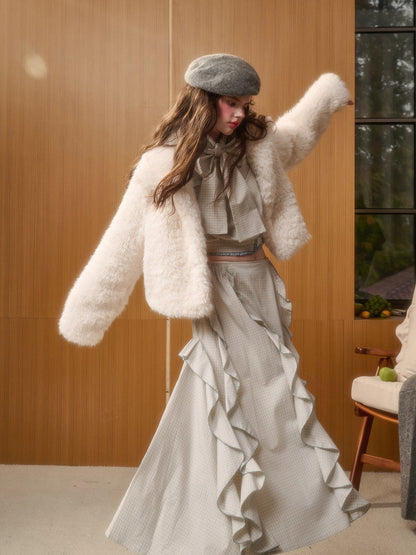 Cranberry Snow Plush Faux Fur Short Jacket