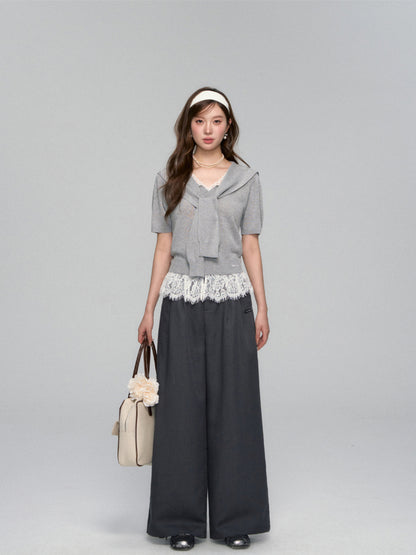 Lace Spliced V-Neck Knitted T-Shirt - CHINASQUAD