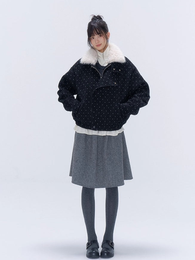 Fur Collar Polka Dot Quilted Jacket