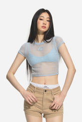 Blue Sheer Knitted Short Sleeve Top - CHINASQUAD