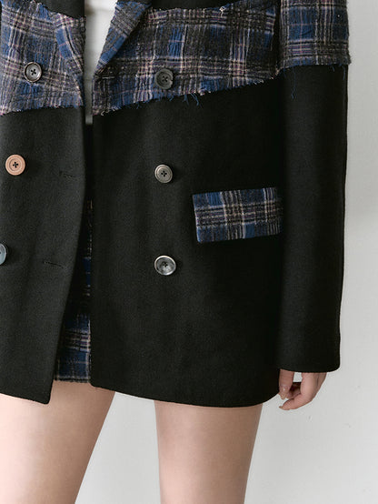 Wool Plaid Patchwork Mid-Length Coat