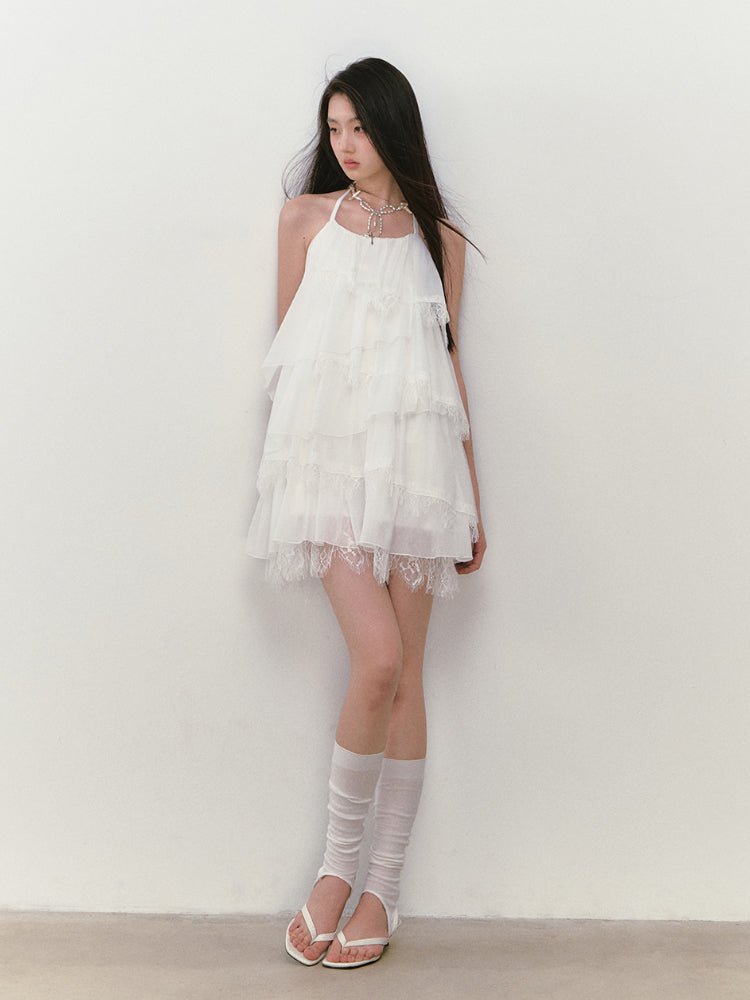 Lace-spliced Cake-style Halter Dress
