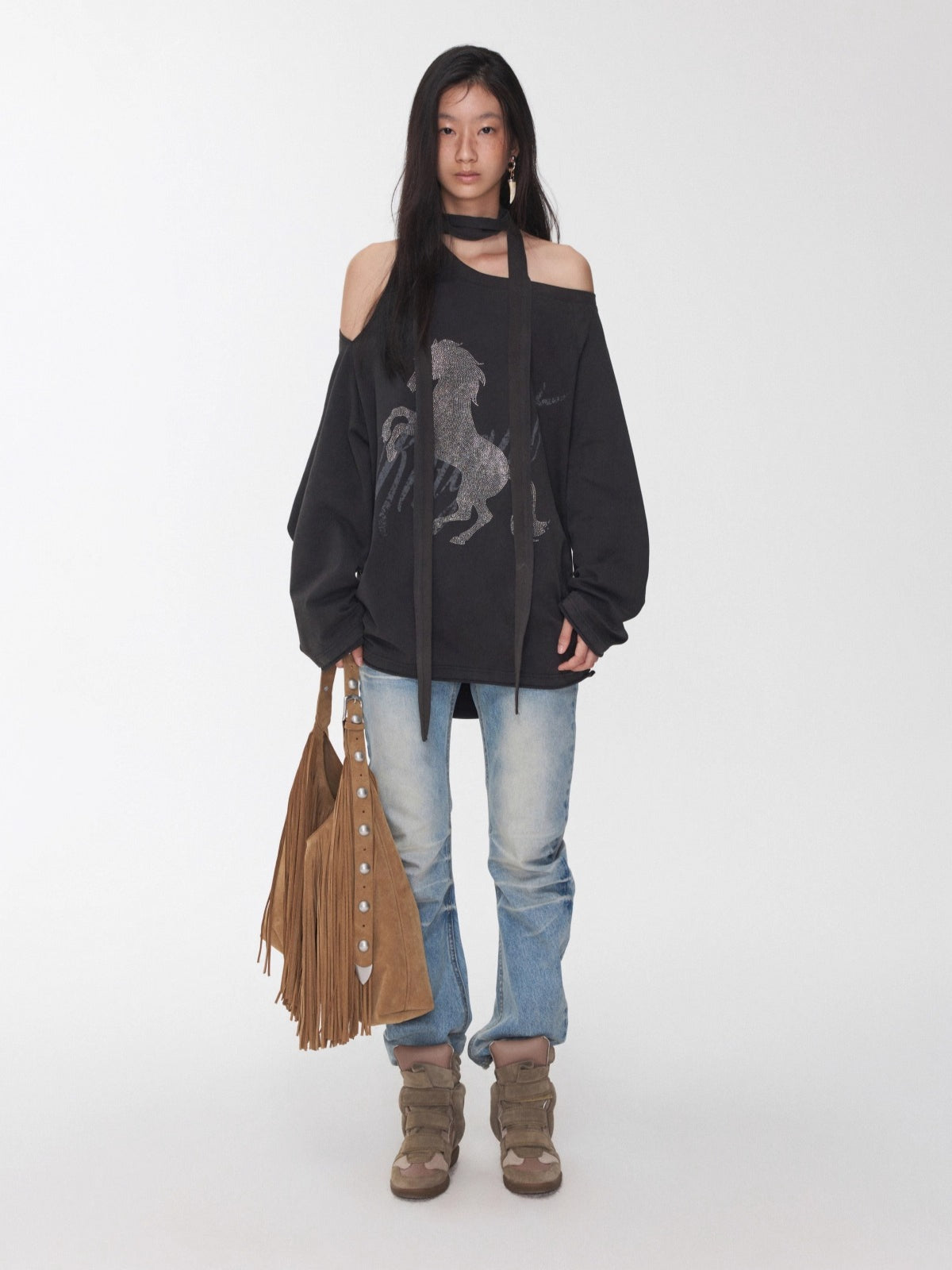 Rhinestone Shoulder-Tie Oversized Sweatshirt