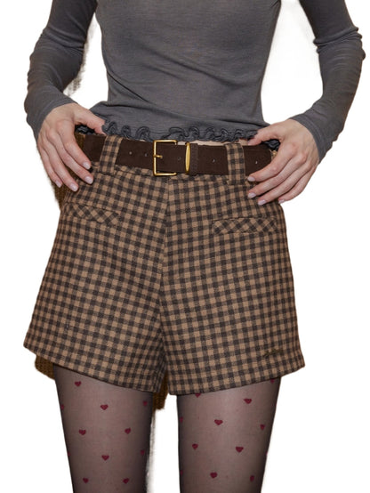 Plaid Suede Belted High-Waist A-Line Shorts - CHINASQUAD
