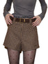 Plaid Suede Belted High-Waist A-Line Shorts - CHINASQUAD