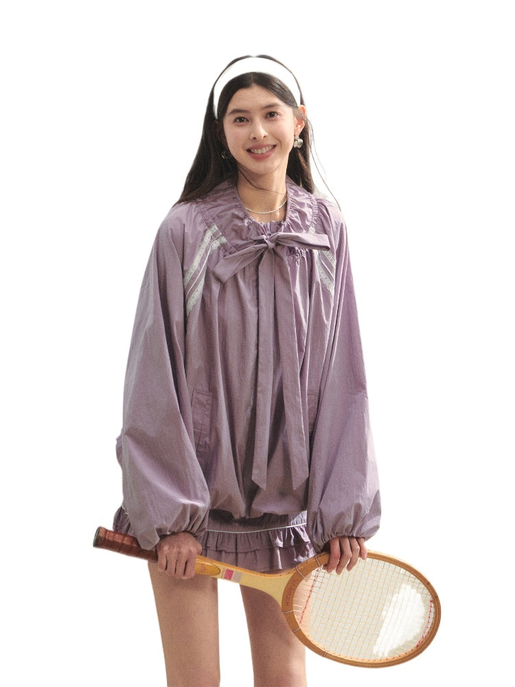 Lace Spliced Raglan Sleeve Sun Protection Shirt &amp; Skirt Set