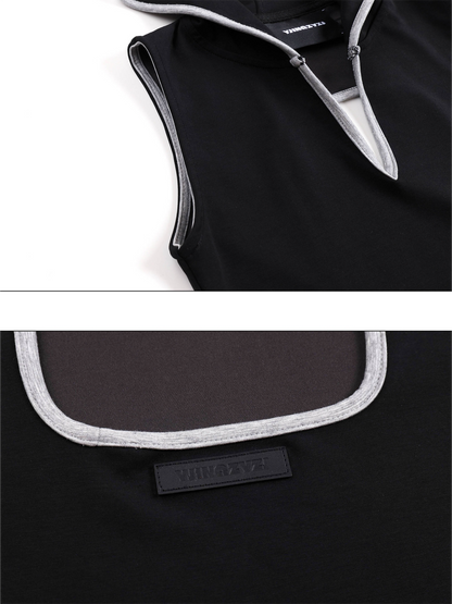 V-Cutout Hooded Sleeveless Trim Top In Black