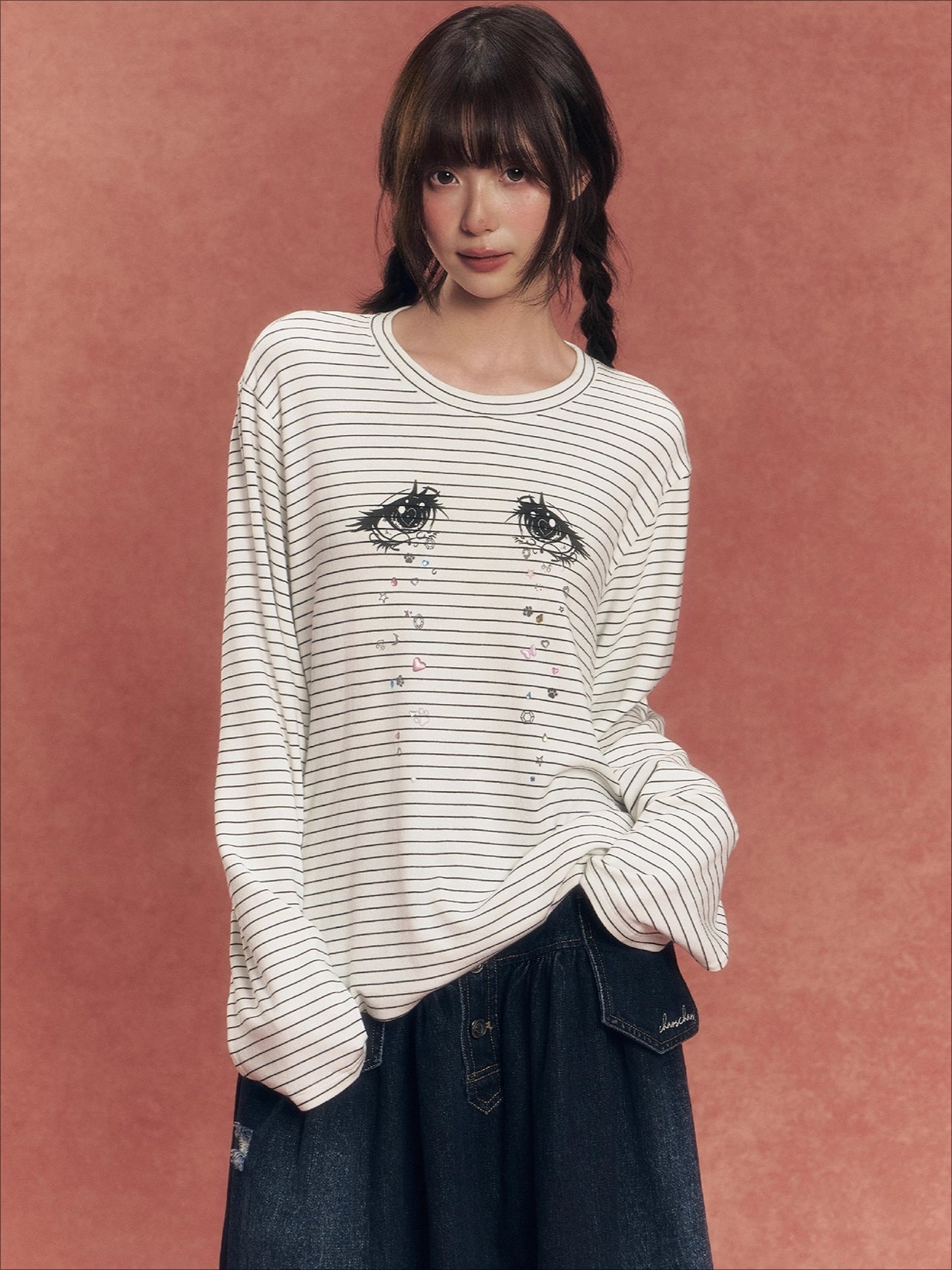 Crystal Eye Print Striped Long-Sleeve T-Shirt