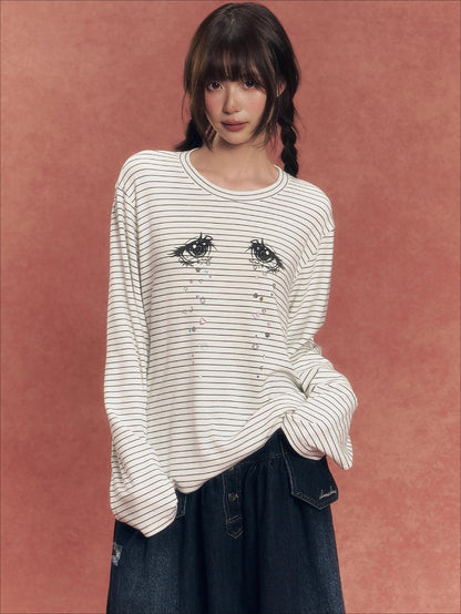 Crystal Eye Print Striped Long-Sleeve T-Shirt