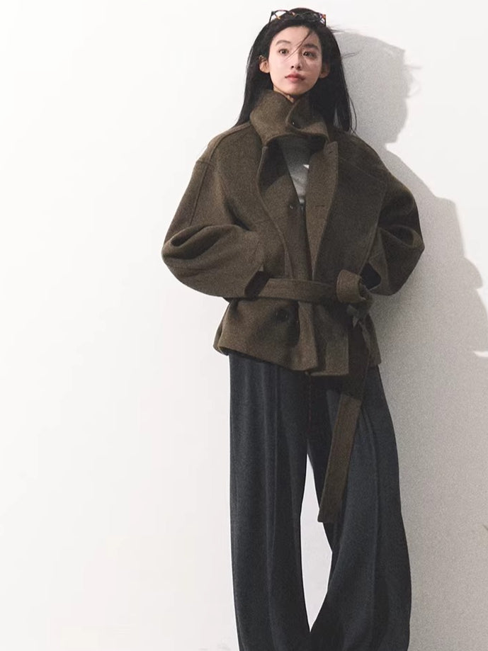 Waist-Defining Silhouette Stand-Collar Wool Coat
