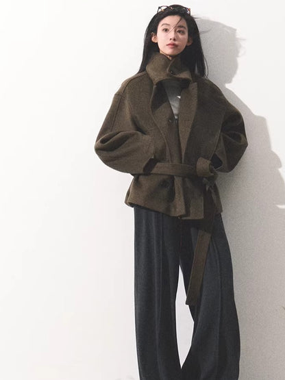 Waist-Defining Silhouette Stand-Collar Wool Coat