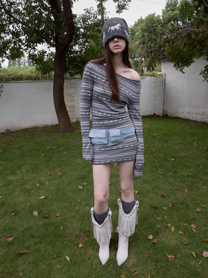 Fair Isle Off-Shoulder Jacquard Knit Dress