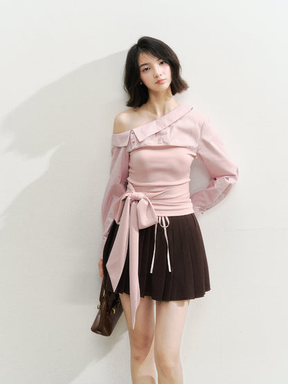 Asymmetric Shoulder Fake Two-Piece Striped Patchwork Blouse