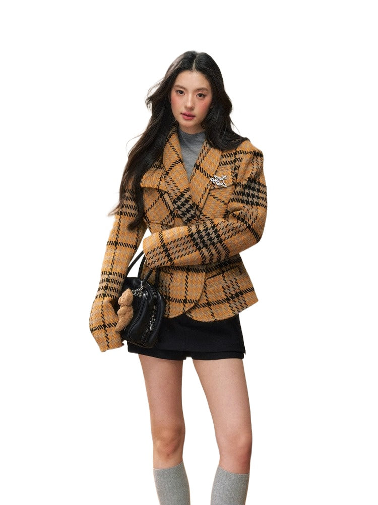 Yellow Plaid Fitted Shoulder-Pad Jacket