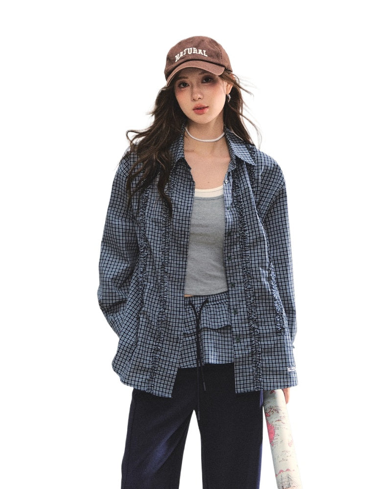 Plaid Ruffle Pleated Loose Long-Sleeve Shirt