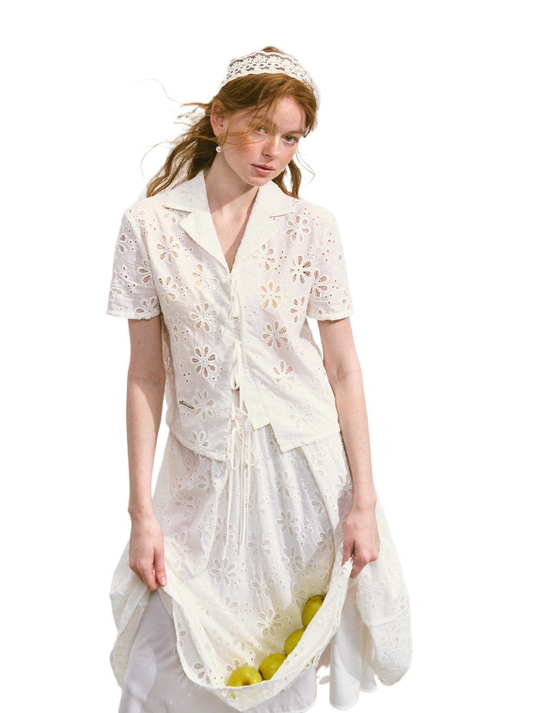 Hollow-out Flower Tie-up Short-Sleeve Top &amp; Skirt Set